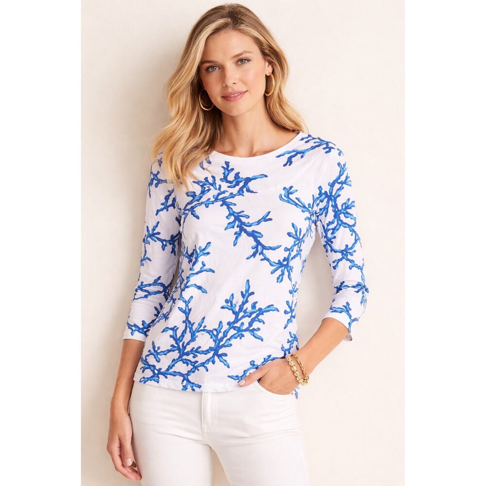J. McLaughlin Blue Coral Print Boatneck Top | Size M | Coastal Chic